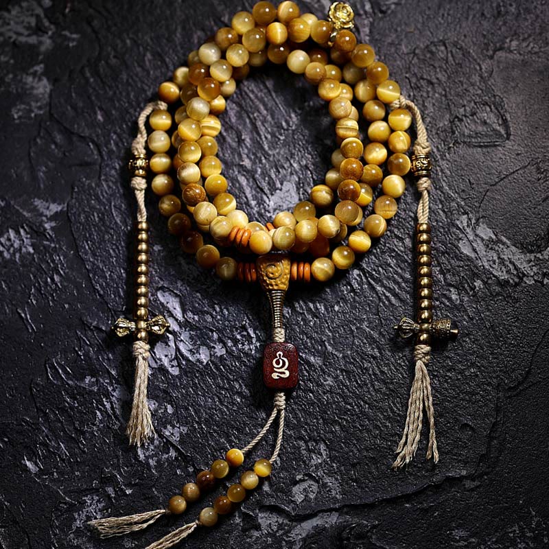 Wear FengShui 108 Mala Beads Natural Tiger Eye Copper Dorje Protection Tassel Bracelet