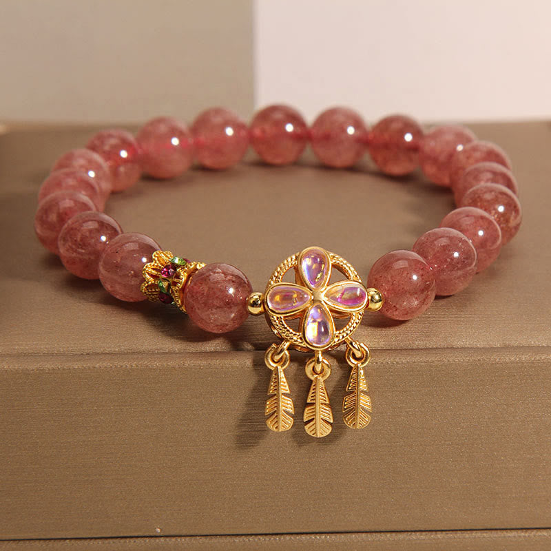 Wear FengShui Natural Strawberry Quartz Four Leaf Clover Dreamcatcher Charm Love Bracelet