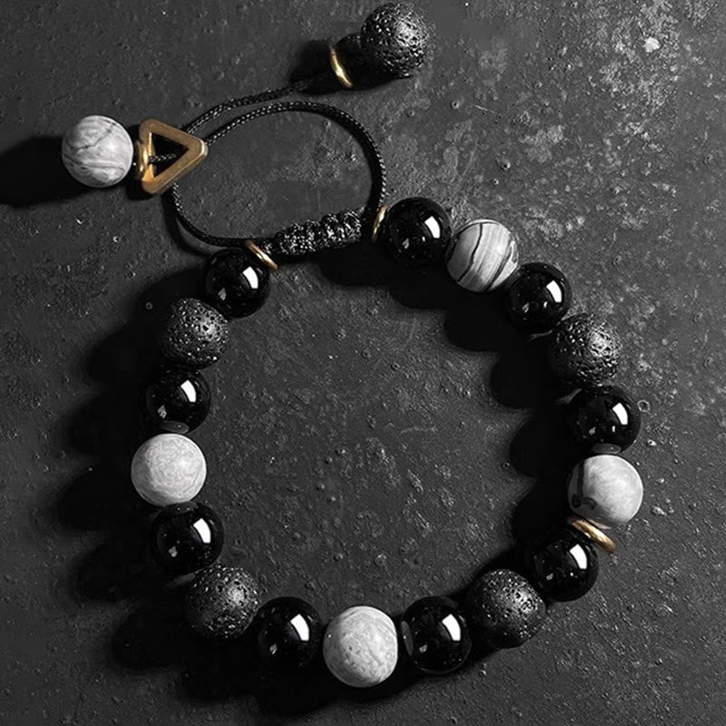 Wear FengShui Black Obsidian Lava Rock Stone Yin Yang Strength Bracelet