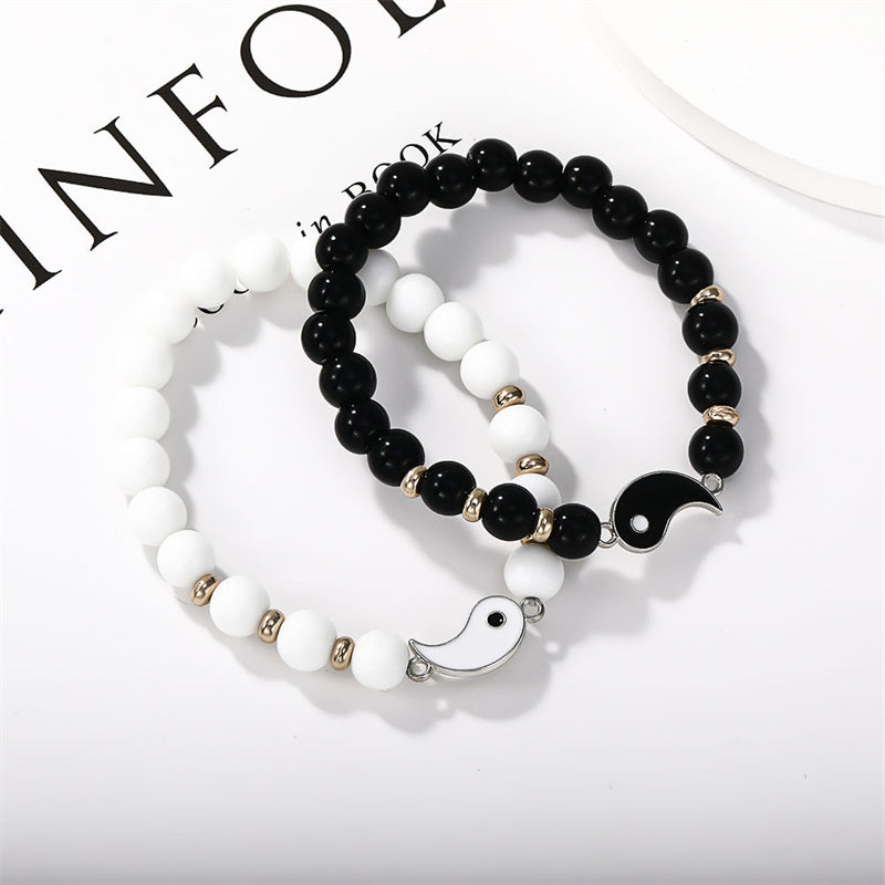 Wear FengShui 2Pcs Black Onyx White Turquoise Bead Yin Yang Protection Couple Bracelet
