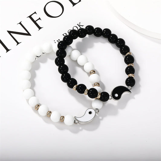 Wear FengShui 2Pcs Black Onyx White Turquoise Bead Yin Yang Protection Couple Bracelet