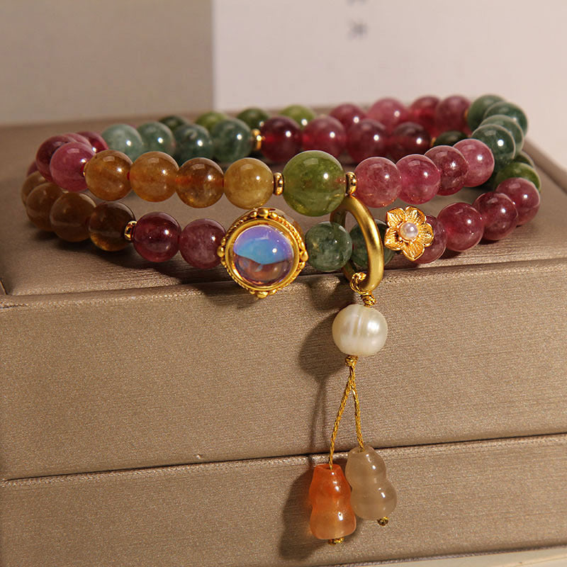 Wear FengShui Multicolored Tourmaline Positive Double Wrap Gourd Charm Bracelet