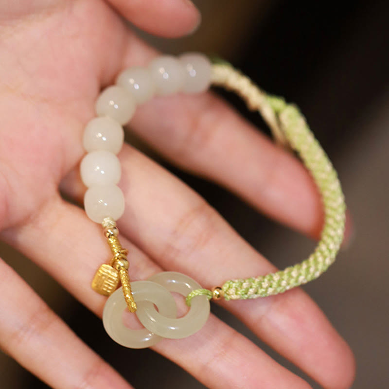 Wear FengShui Natural Hetian Jade Bead Double Peace Buckle Fu Character Abundance Braided Bracelet