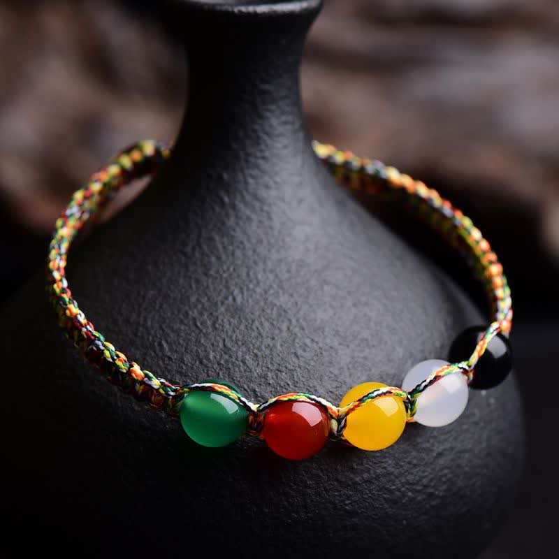Wear FengShui Colorful Agate Metal Wood Water Fire Earth Five Elements String Bracelet