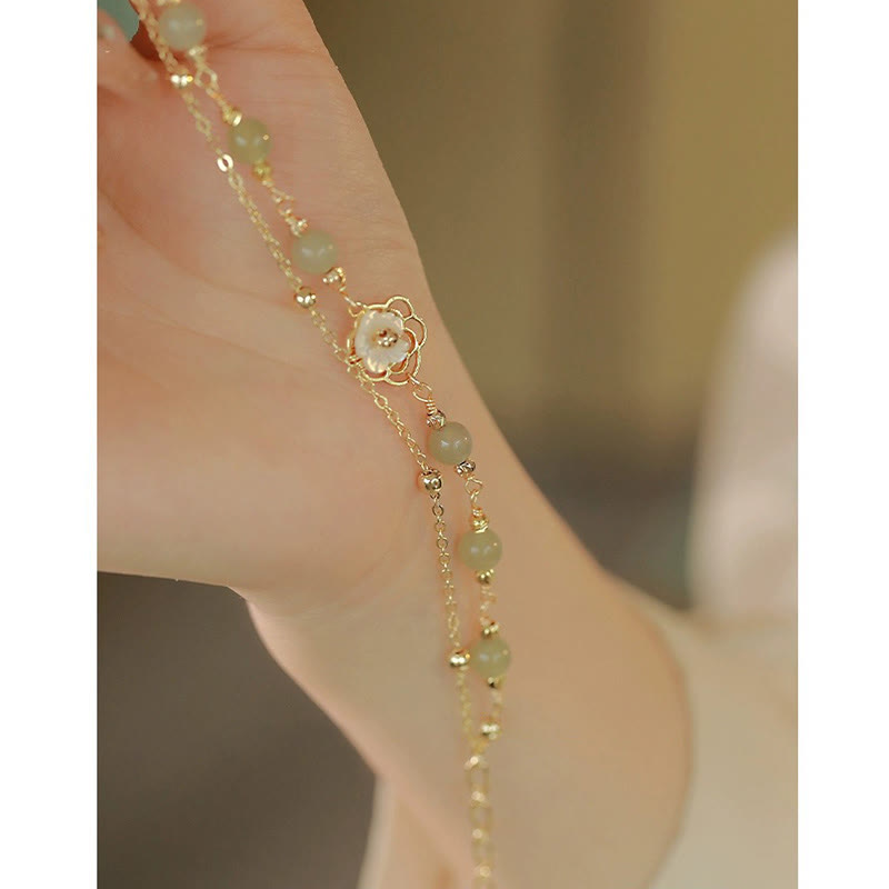 Wear FengShui 14K Gold Plated Jade Butterfly Tridacna Stone Flower Double Layer Luck Bracelet