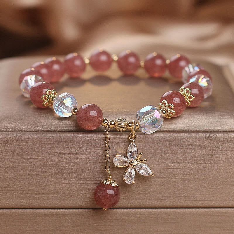 Wear FengShui Natural Strawberry Quartz Love Healing Butterfly Charm Bracelet