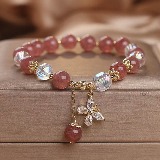 Wear FengShui Natural Strawberry Quartz Love Healing Butterfly Charm Bracelet