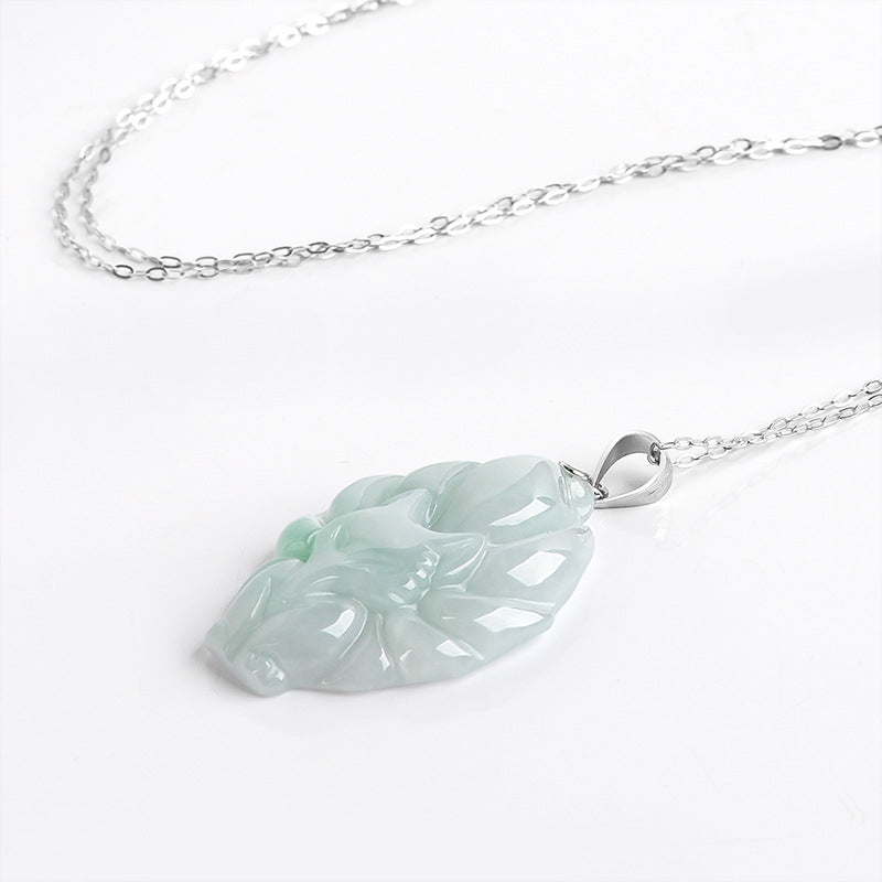 Wear FengShui Natural Jade Nine Tailed Fox Prosperity Titanium Steel Chain Necklace Pendant