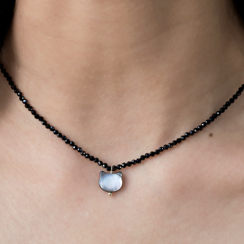 Wear FengShui Black Spinel Cute Cat Motivate Choker Necklace