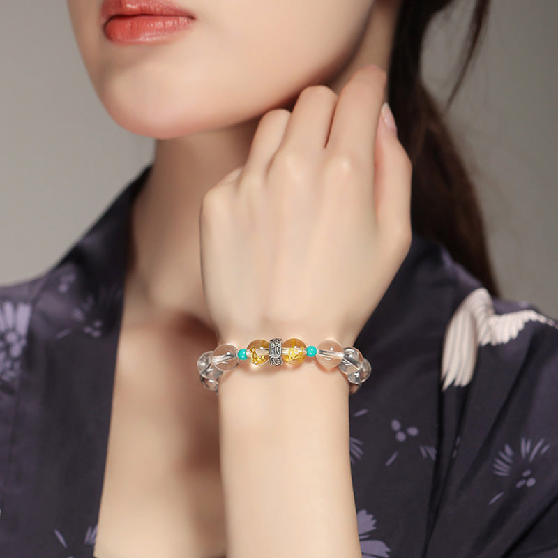 Wear FengShui 925 Sterling Silver Chinese Zodiac Natal Buddha Auspicious Groups White Crystal Hetian Jade Healing Bracelet