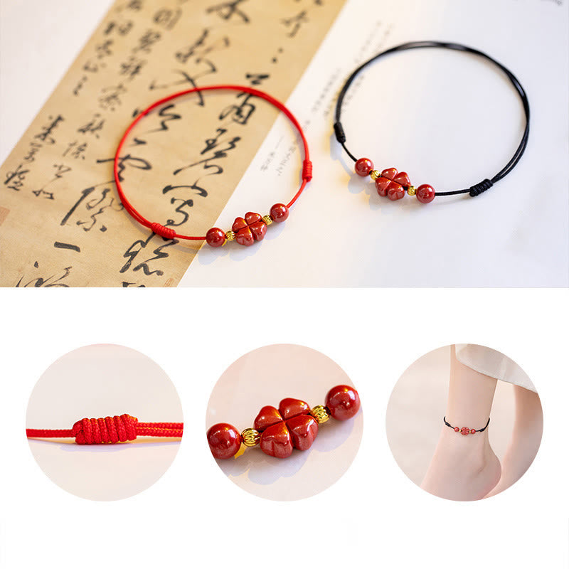 Wear FengShui Four Leaf Clover Cinnabar Blessing Calm String Bracelet Anklet