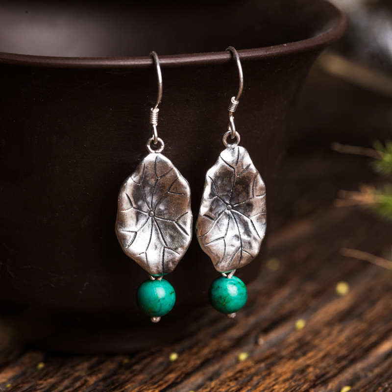 Wear FengShui 925 Sterling Silver Turquoise Lotus Leaf Protection Drop Dangle Earrings
