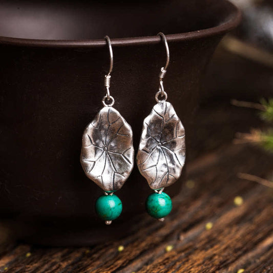 Wear FengShui 925 Sterling Silver Turquoise Lotus Leaf Protection Drop Dangle Earrings