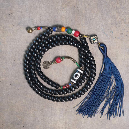 Wear FengShui 108 Beads Mala Ebony Wood Dzi Bead Copper Balance Tassel Bracelet