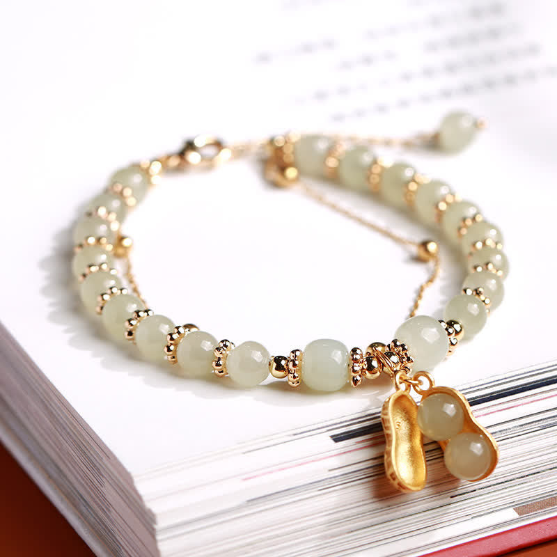 Wear FengShui 925 Sterling Silver Natural Hetian Jade Good Things Happen Peanut Charm Bracelet