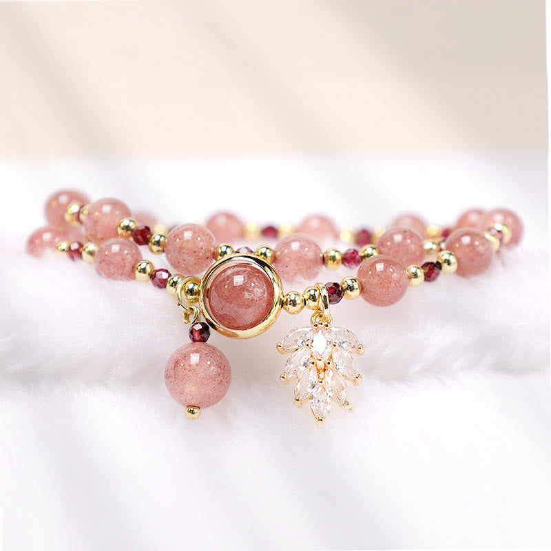Wear FengShui Natural Strawberry Quartz Love Healing Maple Leaf Charm Double Wrap Bracelet