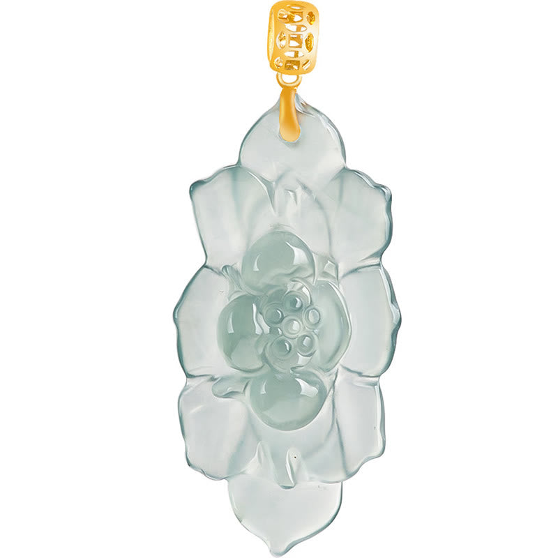 Wear FengShui Natural Jade Lotus Pattern Prosperity Titanium Steel Chain Necklace Pendant