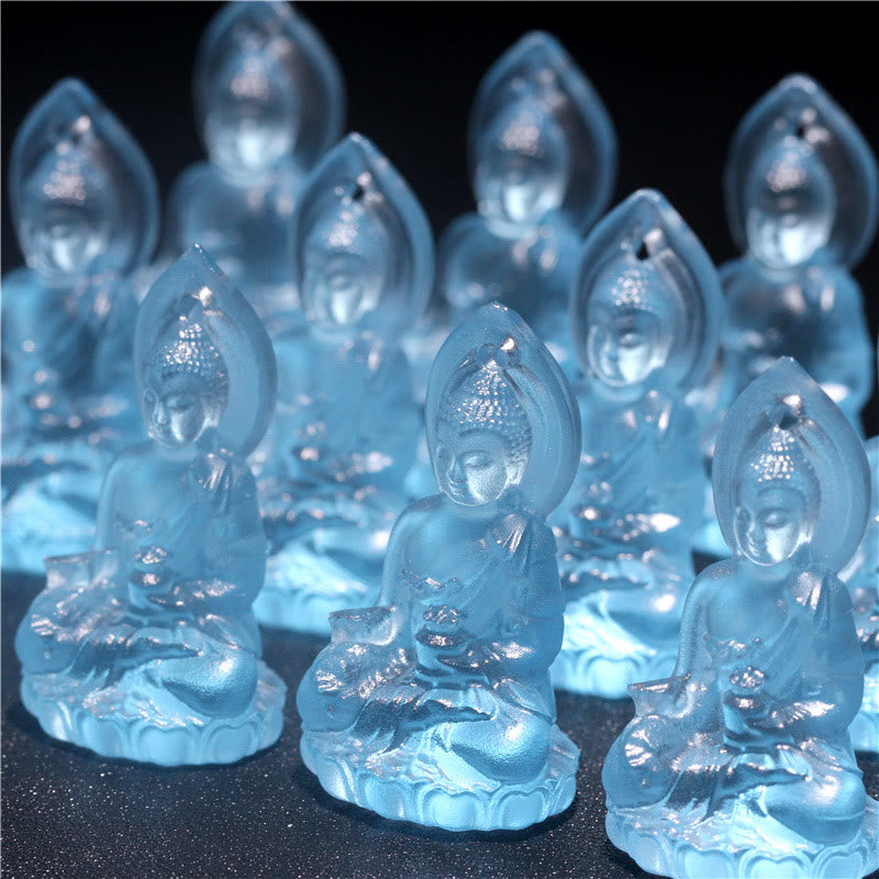 Wear FengShui Blue Tathagata Buddha Medicine Buddha Liuli Crystal Serenity Amulet Necklace Pendant