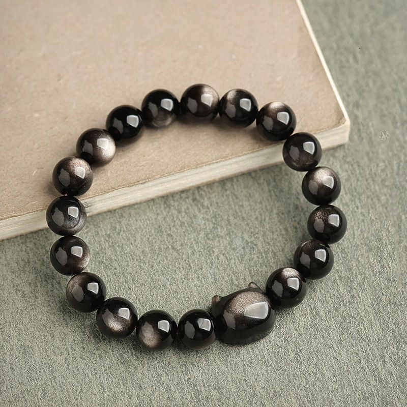 Wear FengShui Gold Sheen Obsidian Silver Sheen Obsidian Lovely Paw Lucky Cat Protection Bracelet