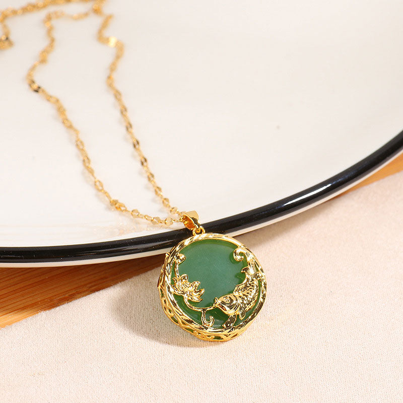 Wear FengShui Natural Jade Koi Fish Lotus Luck Necklace Pendant