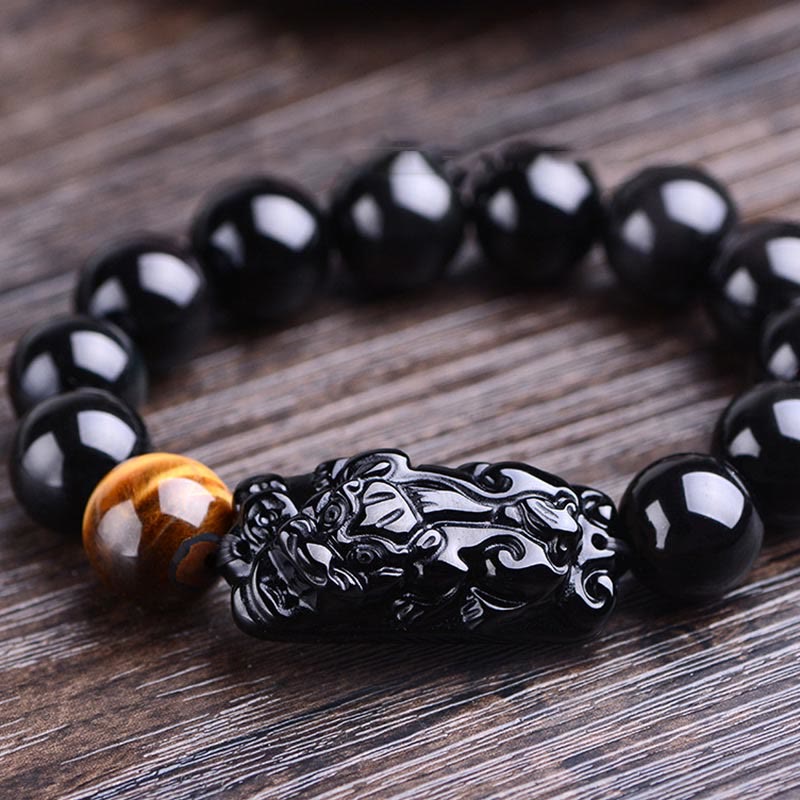 Wear FengShui Natural Black Obsidian PiXiu Tiger's Eye Strength Bracelet