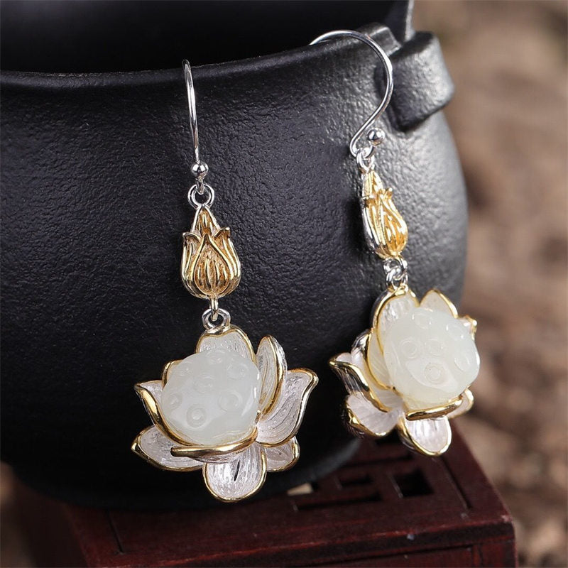 Wear FengShui White Jade Protection Harmony Drop Earrings