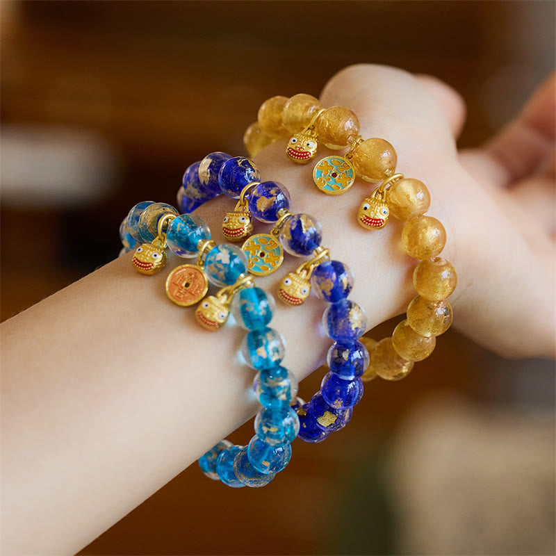 Wear FengShui Gold Swallowing Beast Copper Coin Good Luck Charm Liuli Glass Bead Fortune Bracelet