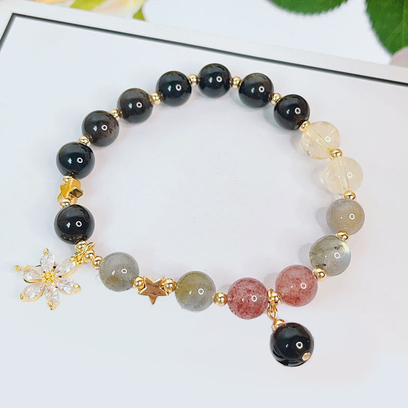Wear FengShui Natural Silver Sheen Obsidian Love Heart Star Flower Protection Bracelet