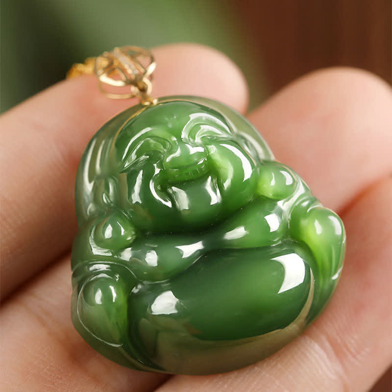 Wear FengShui 925 Sterling Silver Laughing Buddha Hetian Cyan Jade 18K Gold Success Necklace Chain Pendant