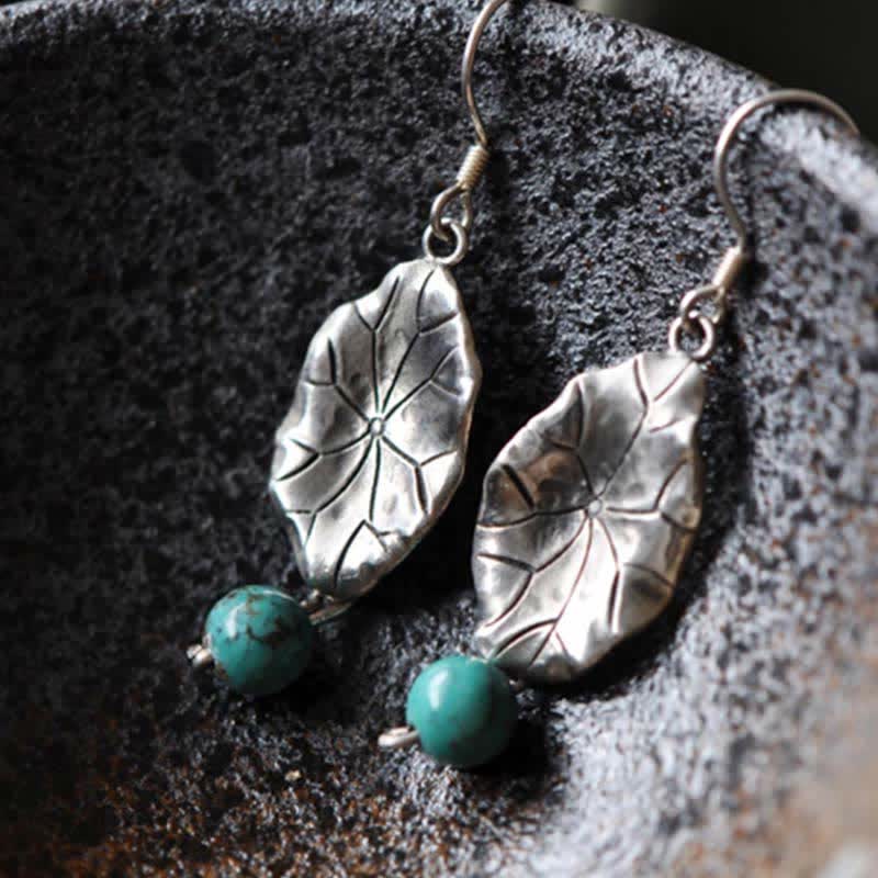 Wear FengShui 925 Sterling Silver Turquoise Lotus Leaf Protection Drop Dangle Earrings