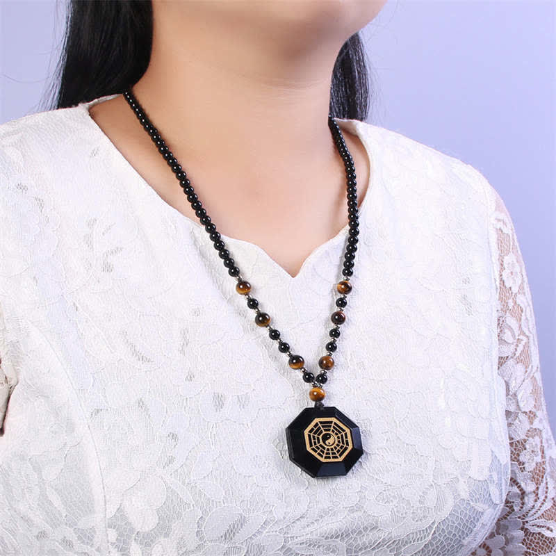 Wear FengShui Bagua Yin Yang Black Obsidian Purification Beaded Necklace Pendant
