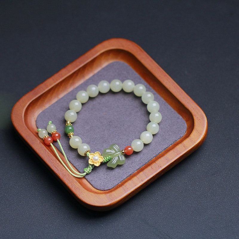 Wear FengShui 925 Sterling Silver Jade Luck Flower Butterfly Bracelet