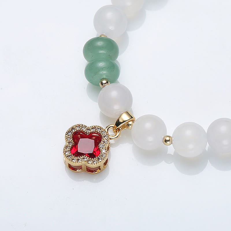 Wear FengShui Natural White Agate Red Agate Money Bag Fu Character Four Leaf Clover Protection Bracelet