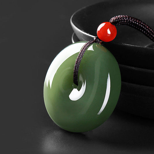 Wear FengShui Natural Round Jade Peace Buckle Prosperity Necklace String Pendant