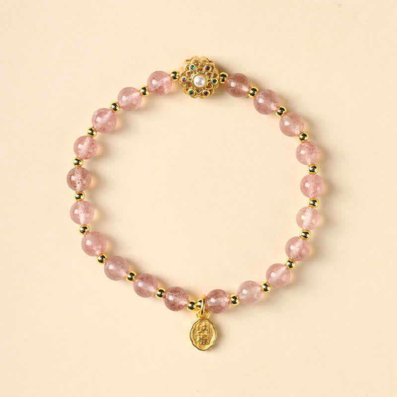 Wear FengShui 14K Gold Plated Natural Strawberry Quartz Labradorite Sun Stone Fu Character Positive Charm Bracelet