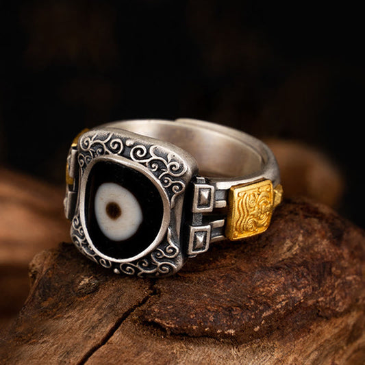 Wear FengShui 925 Sterling Silver Zakiram Goddess of Wealth Design Dzi Bead Protection Ring