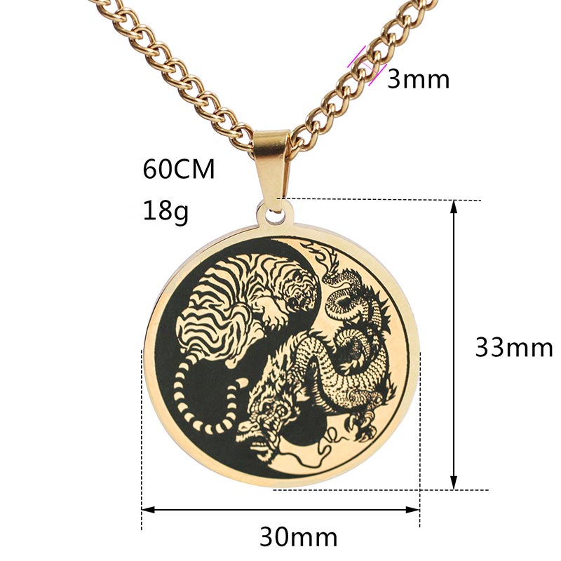 Wear FengShui Tiger Dragon Titanium Steel Chain Necklace Harmony Pendant