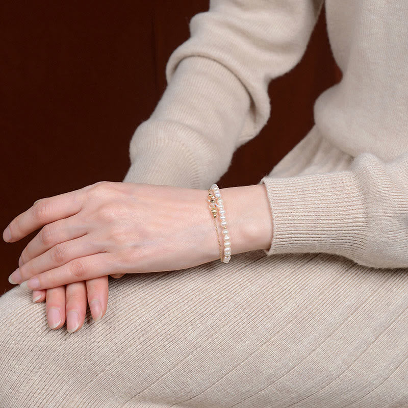 Wear FengShui 925 Sterling Silver Plated 14k Gold Natural Pearl Crystal Healing Double Layer Bracelet