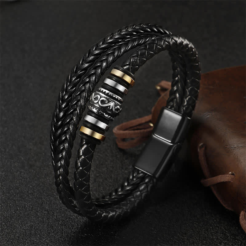 Wear FengShui Leather Layered Titanium Steel Balance Braided Bracelet