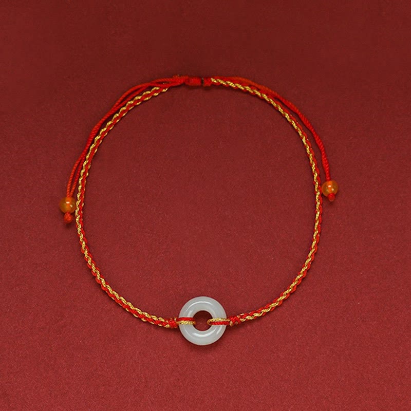 Wear FengShui Round Peace Buckle Jade Luck Abundance Braided Bracelet Anklet