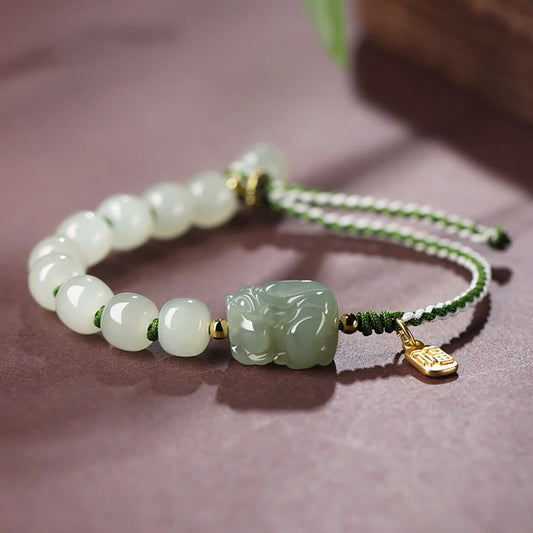 Wear FengShui Natural Hetian Jade PiXiu Luck Fu Character String Bracelet