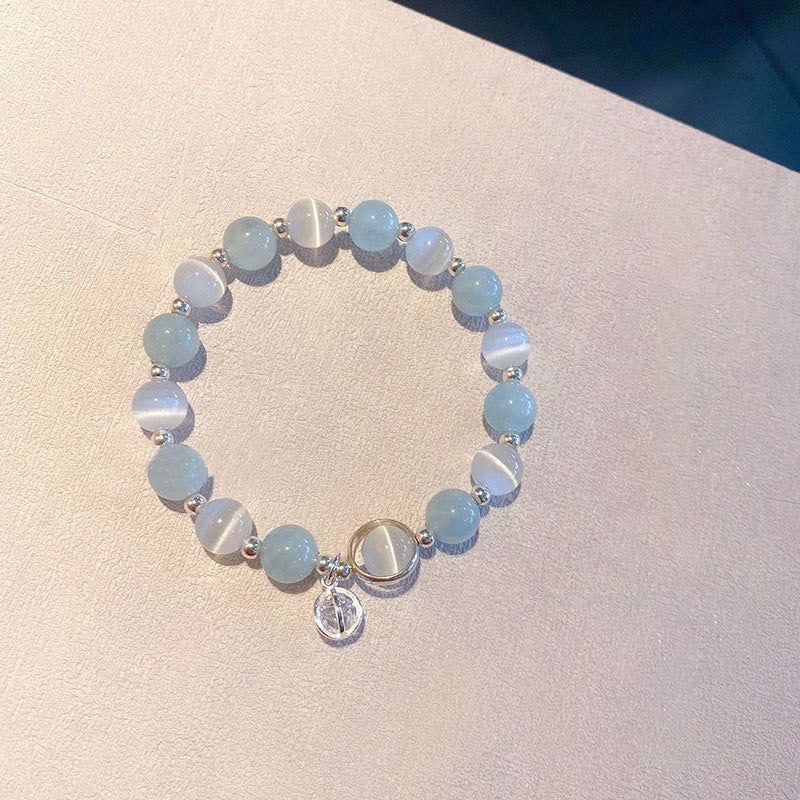 Wear FengShui 925 Sterling Silver Cat's Eye Aquamarine Support Charm Bracelet