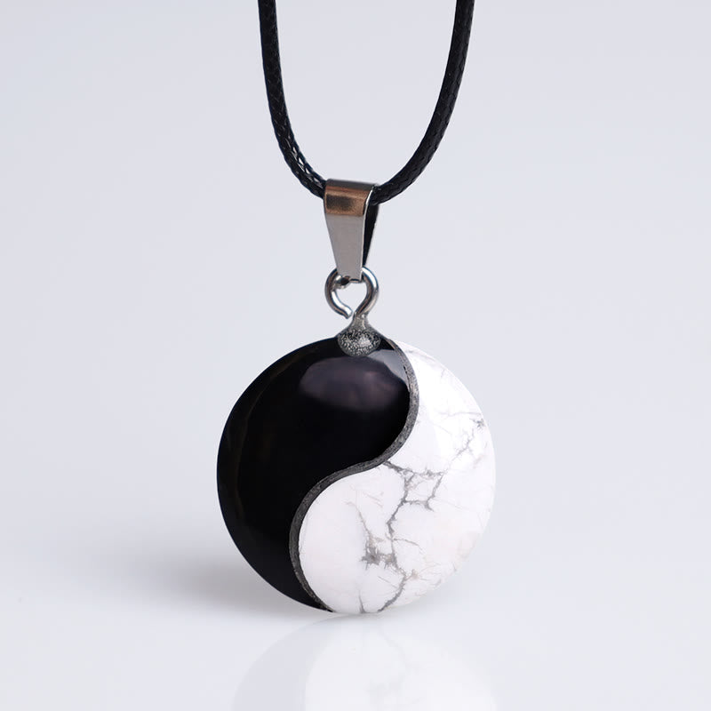 Wear FengShui Natural Black Obsidian White Turquoise Yin Yang Transformation Rope Necklace Pendant