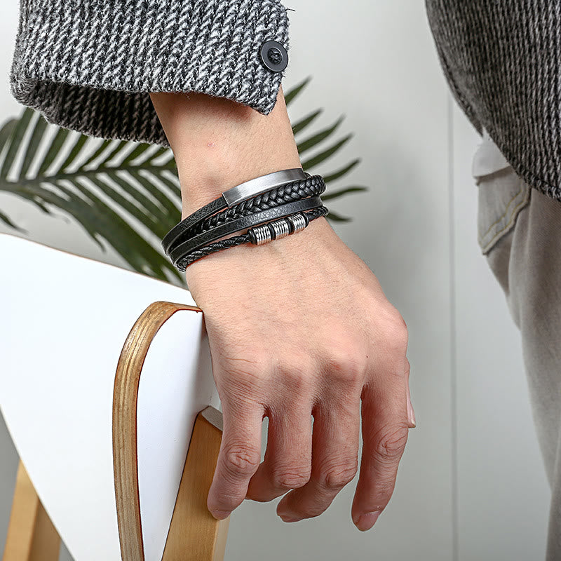 Wear FengShui Leather Multi-Layer Titanium Steel Balance Braided Magnetic Buckle Bracelet