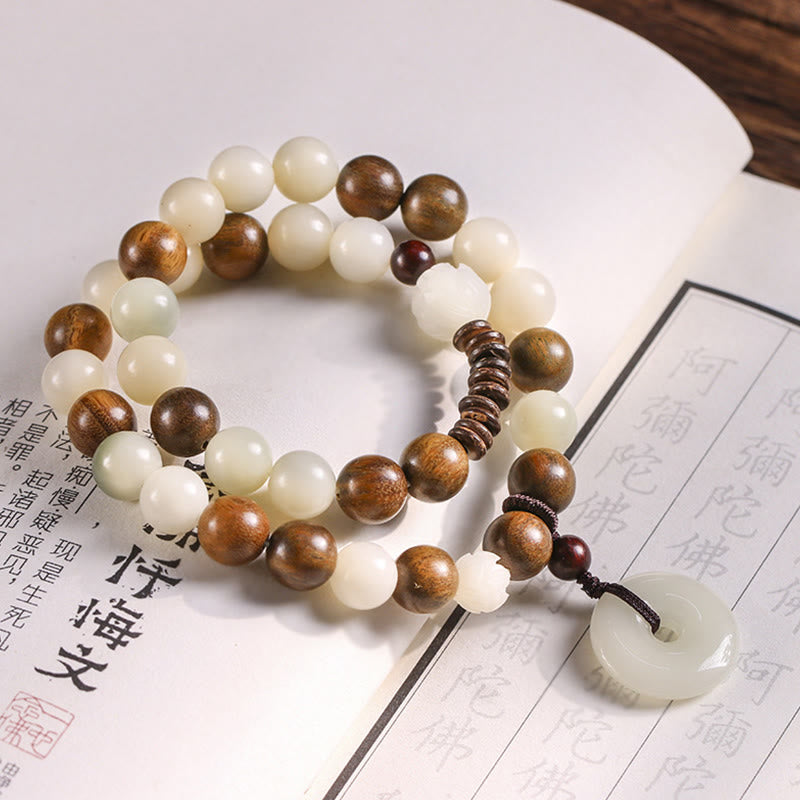 Wear FengShui Bodhi Seed Green Sandalwood Lotus Peace Buckle Harmony Double Wrap Bracelet