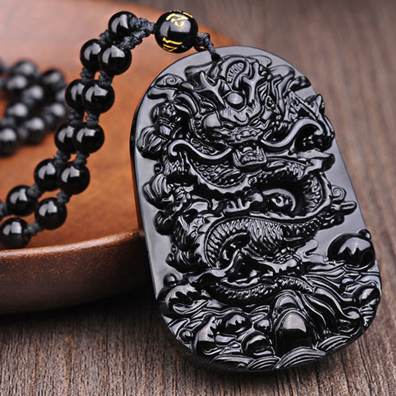 Wear FengShui Black Obsidian Stone Dragon Fulfilment Pendant Necklace