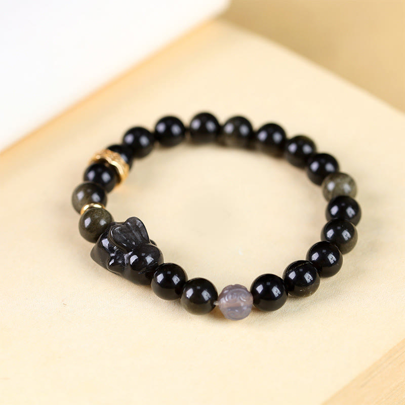 Wear FengShui Gold Sheen Obsidian Black Obsidian Silver Sheen Obsidian Cute Rabbit Protection Bracelet