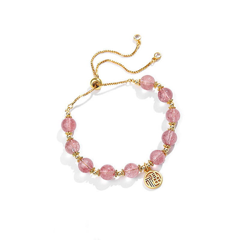 Wear FengShui 14K Gold Plated Natural Strawberry Quartz Fu Character Positive Charm Bracelet