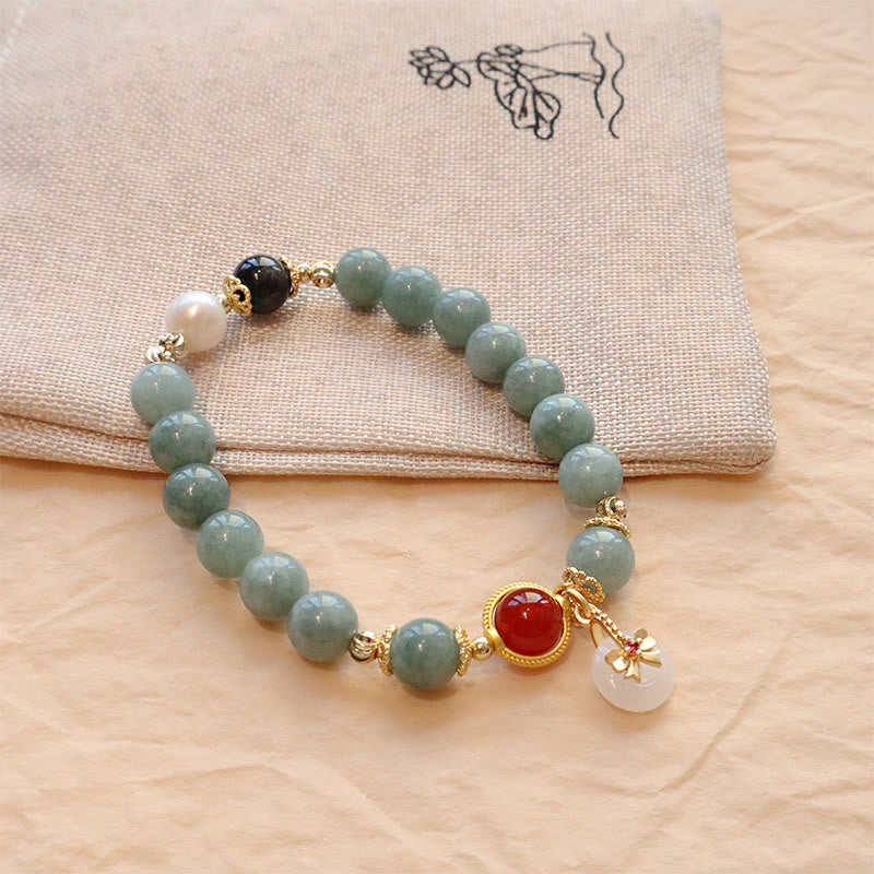 Wear FengShui Natural Jade Red Agate Pearl Bow Tie Luck Bracelet