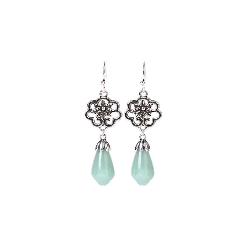 Wear FengShui Magnolia Flower Jade Water Drop Prosperity Dangle Earrings